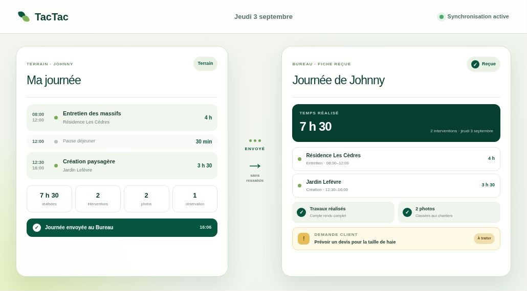 Vue réelle TacTac d’une journée avec plusieurs interventions et retours chantier