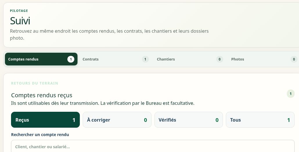 Capture réelle du suivi des retours chantier dans TacTac