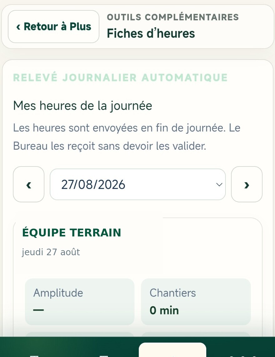 Capture réelle de la fiche d’heures Terrain TacTac sur téléphone